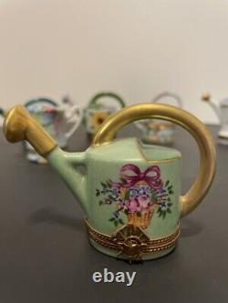 Limoges Garden Watering Can Tulip Trinket Box Porcelain Hand-Painted Signed