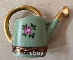 Limoges Garden Watering Can Tulip Trinket Box Porcelain Hand-Painted Signed