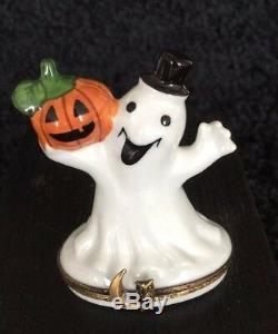 Limoges Halloween Happy Ghost & Pumpkin Trinket Box Hand-Painted Porcelain