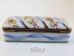 Limoges Hand Painted Hinged Box Long Two Compartment Stamp Case, Floral & Blue