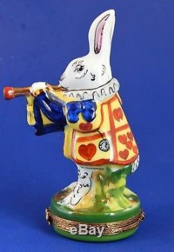 Limoges Hand Painted Hinged Trinket Box Alice in Wonderland Rabbit with Hearts