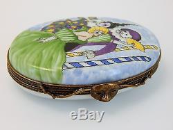 Limoges Hand Painted Hinged Trinket Box Large Oval Colorful Mardi Gras