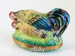Limoges Hand Painted Hinged Trinket Box Rooster on Top of a Chicken CHAMART