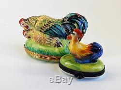 Limoges Hand Painted Hinged Trinket Box Rooster on Top of a Chicken CHAMART