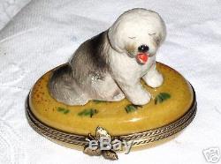 Limoges Hand Painted Porcelain Bearded Collie Dog Lying on Oval Trinket Box