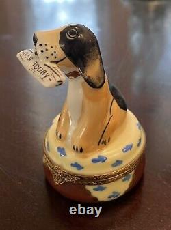 Limoges Hand Painted Trinket Box, Sitting Dog with Newspaper In Mouth