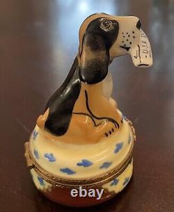 Limoges Hand Painted Trinket Box, Sitting Dog with Newspaper In Mouth