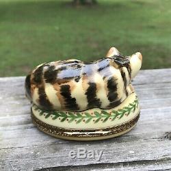 Limoges Hand Panted Piotet Crouched Cat Trinket Box Striped Tabby Signed