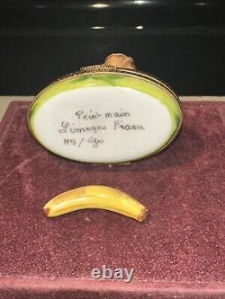 Limoges Hear No Evil Monkey with Banana Porcelain Peint Main Hinged Trinket Box