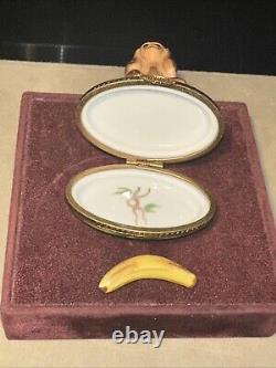 Limoges Hear No Evil Monkey with Banana Porcelain Peint Main Hinged Trinket Box