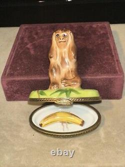 Limoges Hear No Evil Monkey with Banana Porcelain Peint Main Hinged Trinket Box