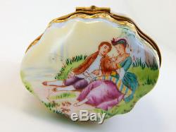Limoges Hinged Trinket Box, Romantic Couple With 2 purple Jeweled Perfume Bottles