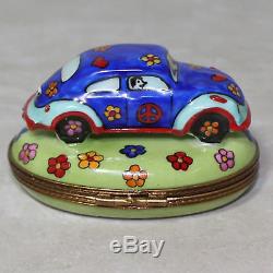 Limoges Imports Peint Main Floral Volkswagen Beetle Hippie Porcelain Trinket Box