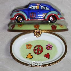 Limoges Imports Peint Main Floral Volkswagen Beetle Hippie Porcelain Trinket Box