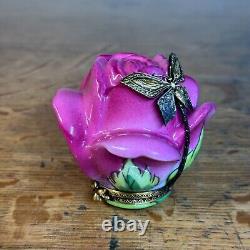 Limoges La Gloriette Peint Main Pink Rose With Metal Butterfly Trinket Box