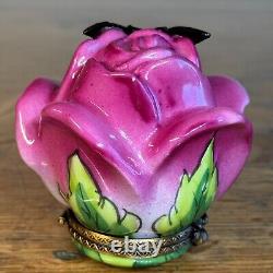 Limoges La Gloriette Peint Main Pink Rose With Metal Butterfly Trinket Box