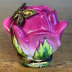 Limoges La Gloriette Peint Main Pink Rose With Metal Butterfly Trinket Box