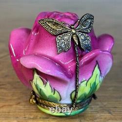 Limoges La Gloriette Peint Main Pink Rose With Metal Butterfly Trinket Box