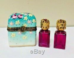 Limoges Limited Edition Floral Trinket Box with 2 Cranberry Perfume Bottles