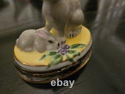 Limoges Mother And Baby Rabbit Trinket Box Peint Maint