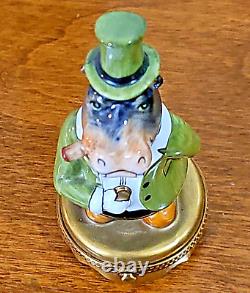 Limoges PARRY VIELLE Trinket Box Rich Banker Hippo withCigar golden base 4