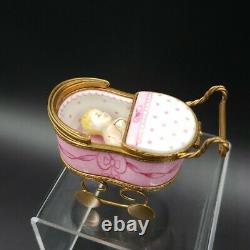 Limoges Peint Main Baby & Carriage Trinket Box with Insert MINT CUTE