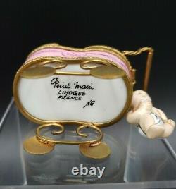 Limoges Peint Main Baby & Carriage Trinket Box with Insert MINT CUTE