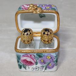 Limoges Peint Main Floral Perfume Case Trunk with Two Bottles Trinket Box