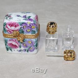 Limoges Peint Main Floral Perfume Case Trunk with Two Bottles Trinket Box