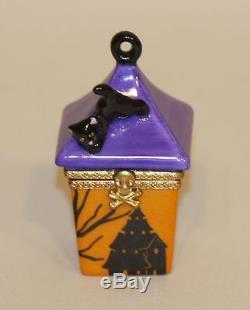 Limoges Peint Main Halloween Trinket Box Purple House Black Cat Pumpkin Bats