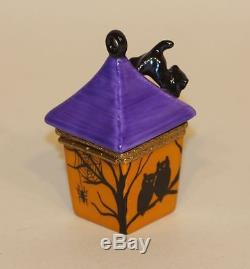 Limoges Peint Main Halloween Trinket Box Purple House Black Cat Pumpkin Bats