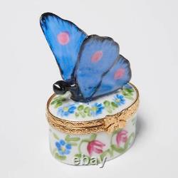 Limoges Peint Main Hand Painted Blue Pink Butterfly Trinket Pill Box 1.25l
