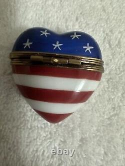 Limoges Peint Main Heart Trinket Box Red White Blue Stars Stripes Rochard Signed