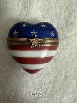 Limoges Peint Main Heart Trinket Box Red White Blue Stars Stripes Rochard Signed