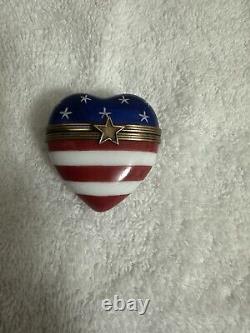 Limoges Peint Main Heart Trinket Box Red White Blue Stars Stripes Rochard Signed