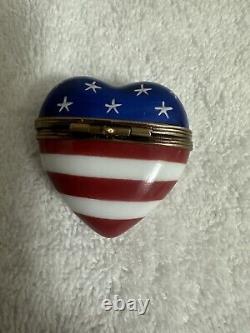 Limoges Peint Main Heart Trinket Box Red White Blue Stars Stripes Rochard Signed