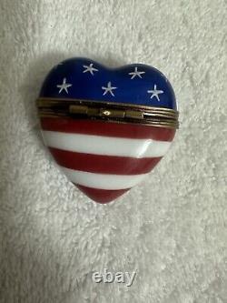 Limoges Peint Main Heart Trinket Box Red White Blue Stars Stripes Rochard Signed