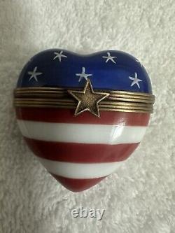 Limoges Peint Main Heart Trinket Box Red White Blue Stars Stripes Rochard Signed