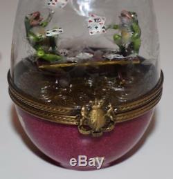 Limoges Peint Main Hinged Egg Shaped Trinket Box- FROGS PLAYING POKER -4H EXC