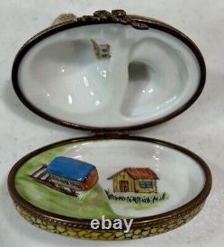 Limoges Peint Main Hinged Trinket Box Train Tunnel Track Village Pebbled Stones