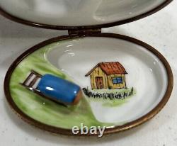 Limoges Peint Main Hinged Trinket Box Train Tunnel Track Village Pebbled Stones