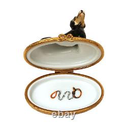 Limoges Peint Main Porcelain Trinket Box Dachshund in Basket Wiener Dog Artoria