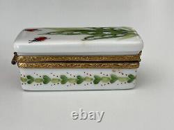 Limoges Peint Main Porcelain Trinket Box Lily of the Valley and Ladybug Shoebox