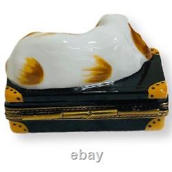 Limoges Peint Main RARE France Basset Hound on Suitcase Luggage Trinket Box