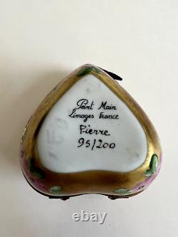 Limoges Peint Main Trinket Box Gold Heart Shape with Painted Bird & Key JE T'AIME