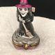 Limoges Peint Main Trinket Box Halloween Witch With Broom And Black Cat Inside