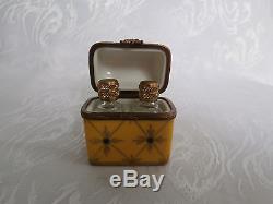 Limoges Peint Main Yellow Chest Trinket Box With 2 Mini Glass Perfume Bottles