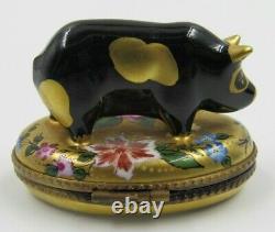 Limoges Pig Black and Gold Hand Painted CM Peint Main France Trinket Box