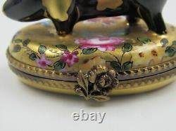 Limoges Pig Black and Gold Hand Painted CM Peint Main France Trinket Box