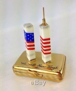 Limoges Porcelain Box New York Twin Towers USA Flag September 11 Signed 23/750